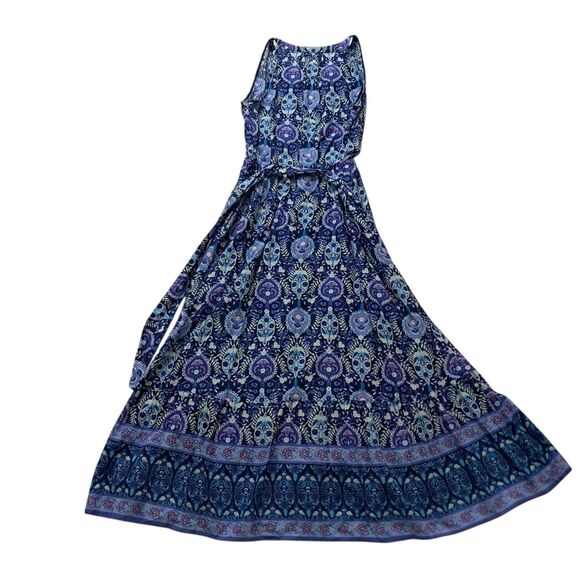 Talbots‎ Dress Women's 8 Blue Maxi Floret Medallion Sleeveless Floral Tie Boho - Picture 2 of 13